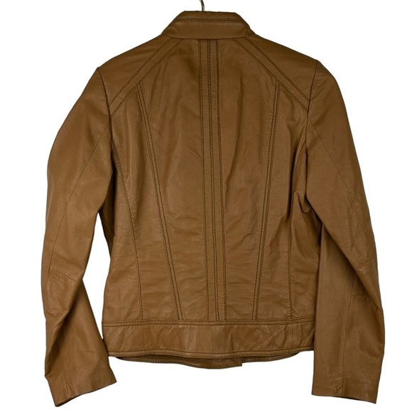 BOSTON PROPER LEATHER ASYMMETRIC ZIPPER STAND COLLAR TAN MOTO JACKET - Picture 5 of 15